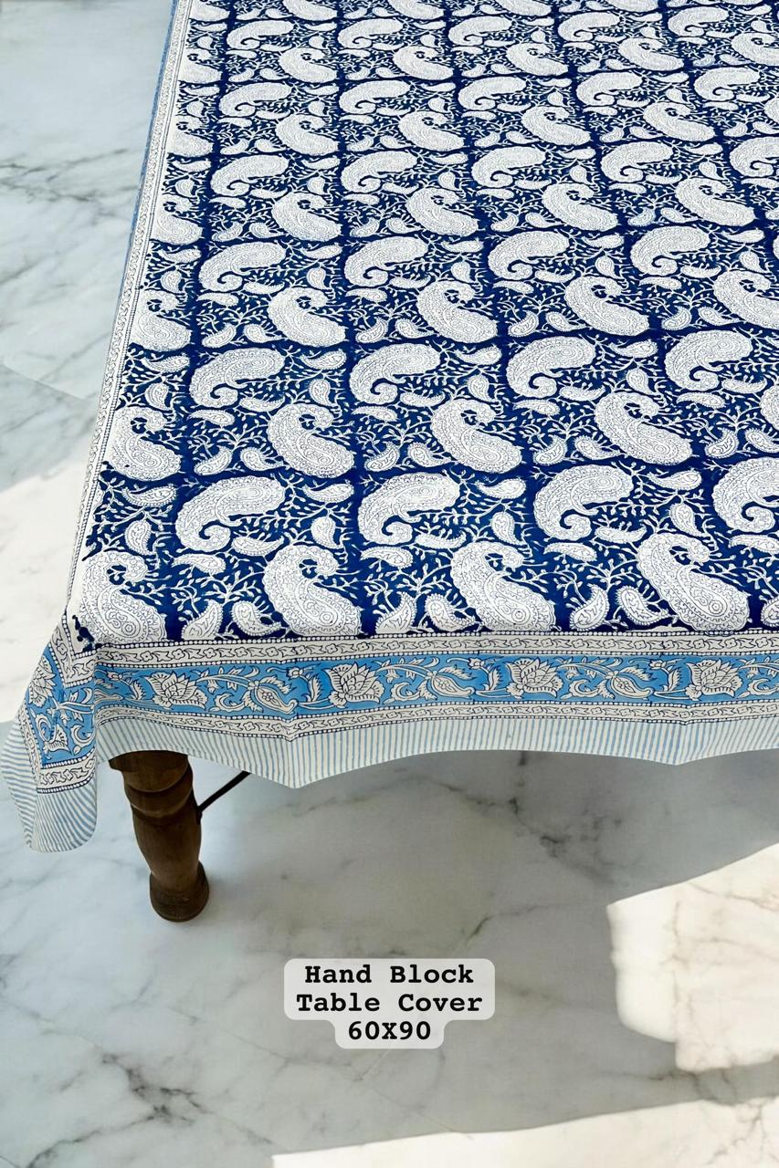 Block Table Cover Blue Paisley Block Printed Cotton Table Cover – 6 Seater – Varsaca