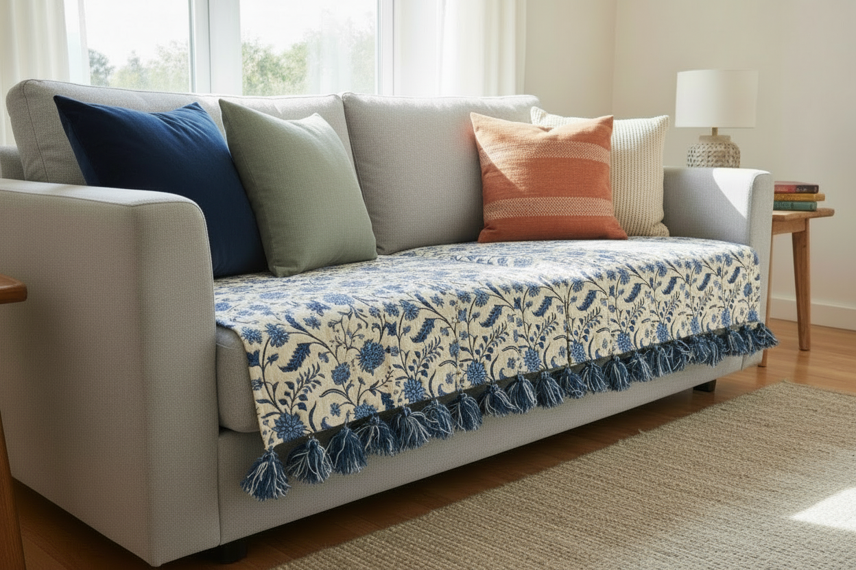 Thick Handloom White Sofa Cover | Blue Floral Motif Throw with Blue & White Woolen Tassels