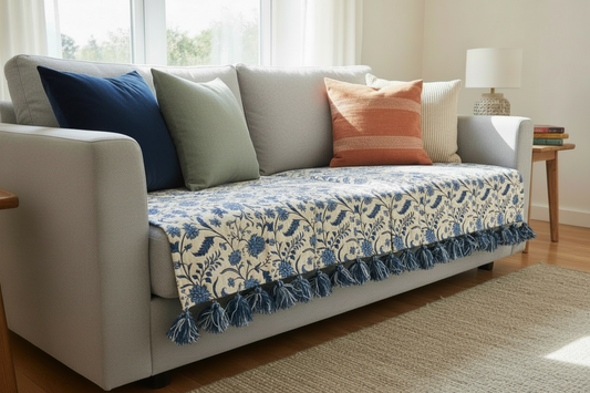 Thick Handloom White Sofa Cover | Blue Floral Motif Throw with Blue & White Woolen Tassels