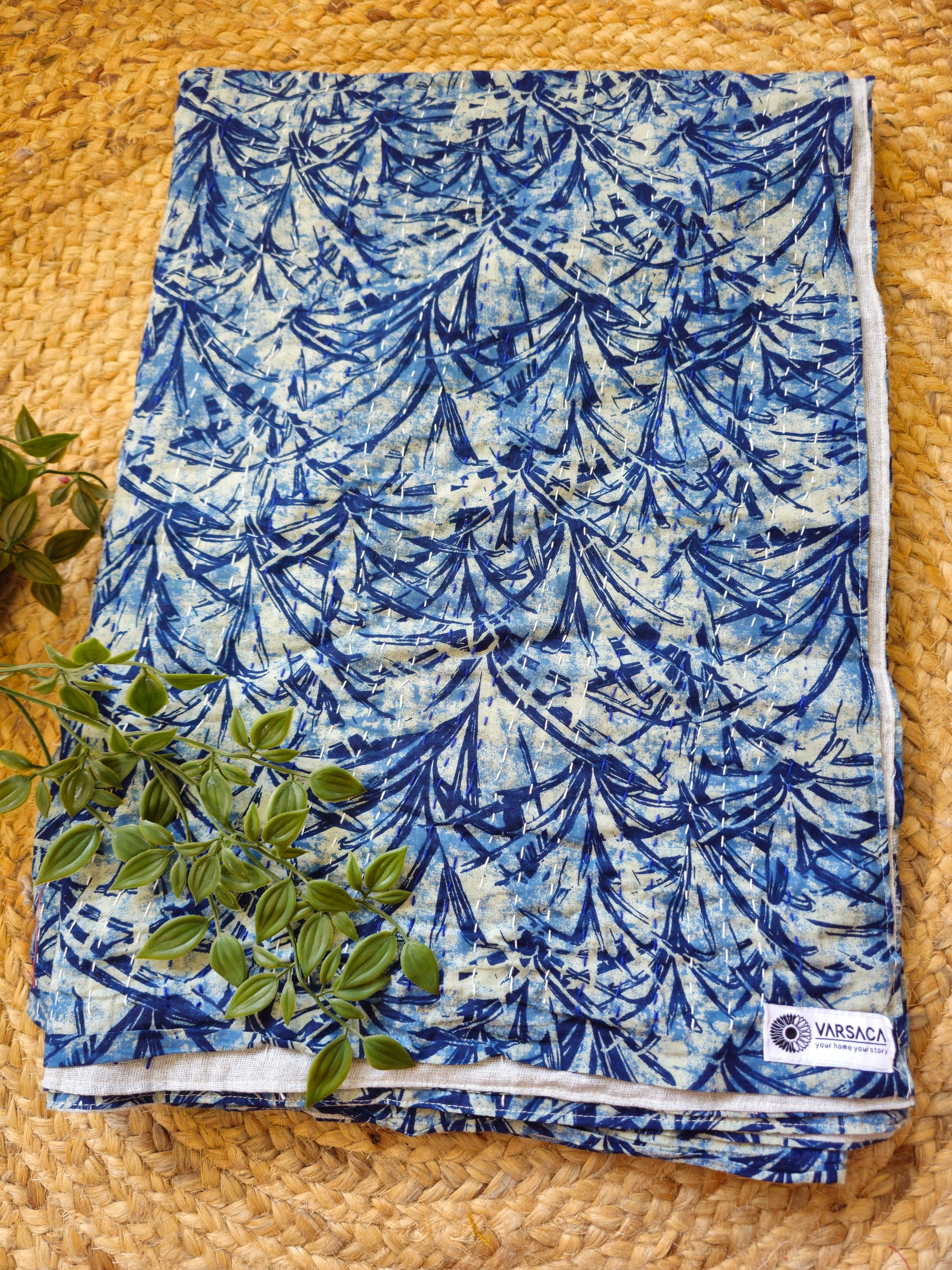 blue white kantha bedcover