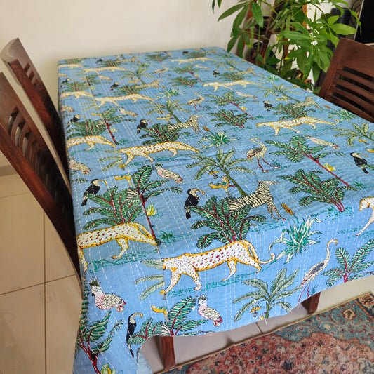 Sky Blue Animal Print Kantha Work Handmade Table Cover