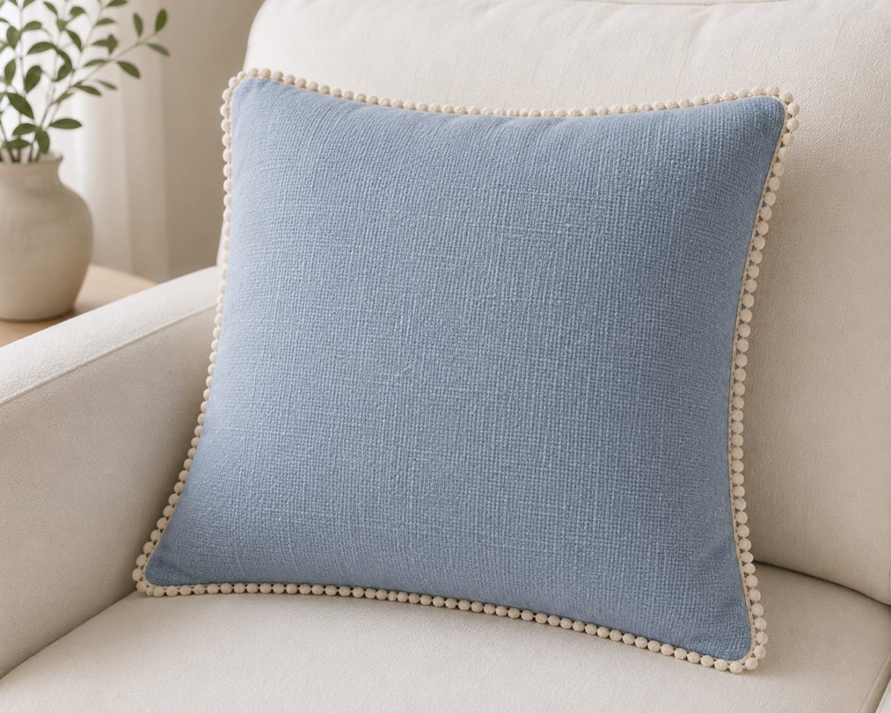 Sky Blue Handloom Jute Cotton Cushion Cover with Lace Detail