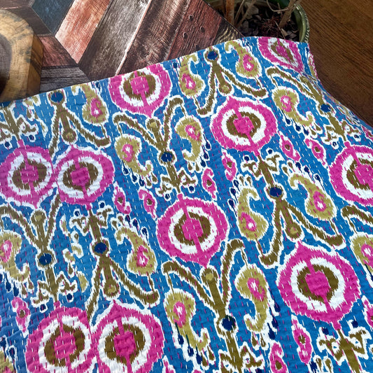 Blue-Pink  Kantha Work Handmade Table Cover For Six-Seater