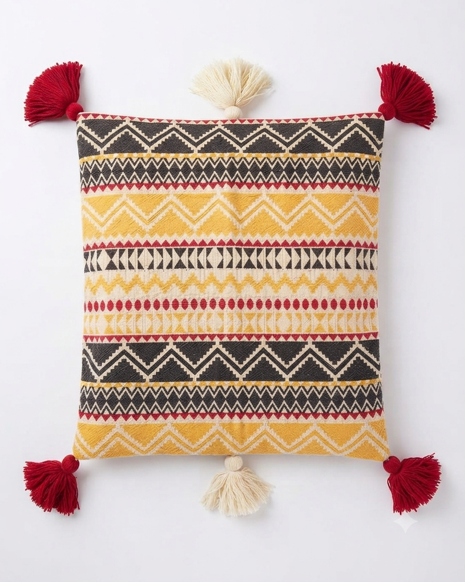 Boho Aztec Cotton Cushion Cover | Tasseled Tribal Pillow Case