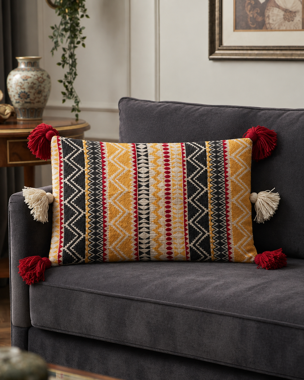 Boho Aztec Cotton Cushion Cover | Tasseled Tribal Pillow Case