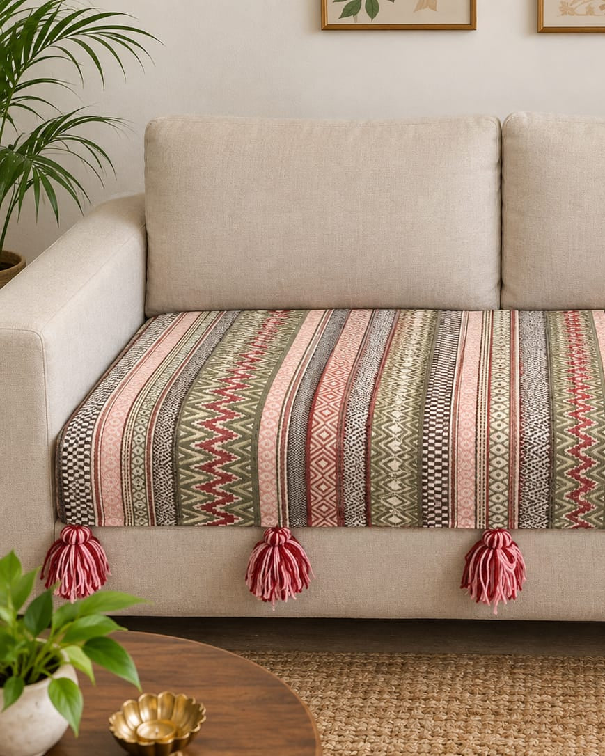 Boho striped Jacquard cotton sofa throw cover featuring geometric diamond and chevron patterns in olive green and rust red with pink tassel details.