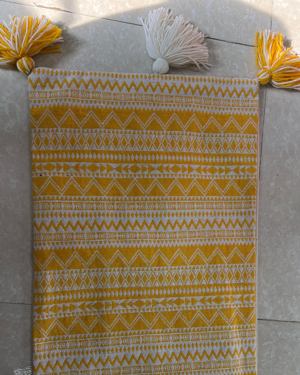 Boho Yellow & White Cotton Cushion Cover | Tasseled Geometric Pillow Case