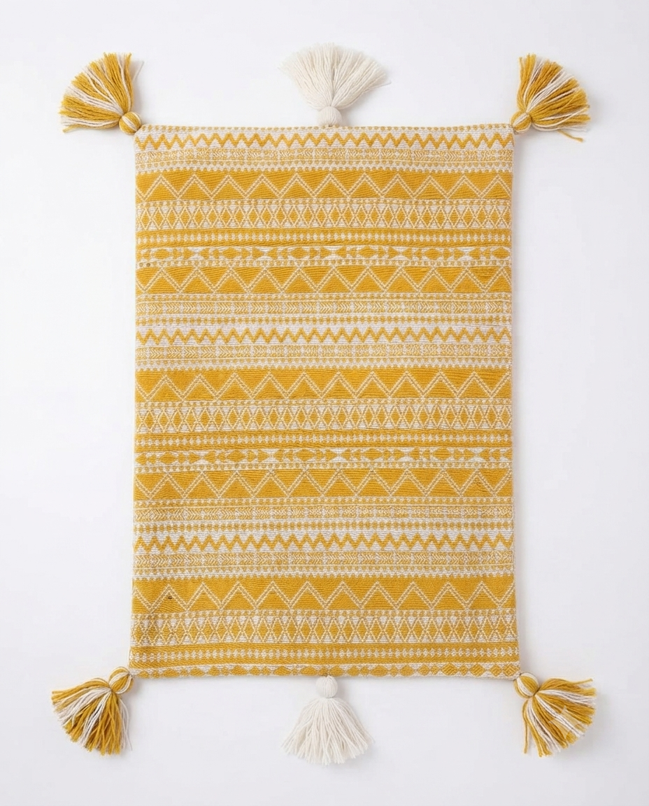 Boho Yellow & White Cotton Cushion Cover | Tasseled Geometric Pillow Case