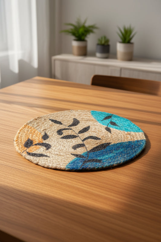 Round woven mat with leaf designs in black, blue, and orange