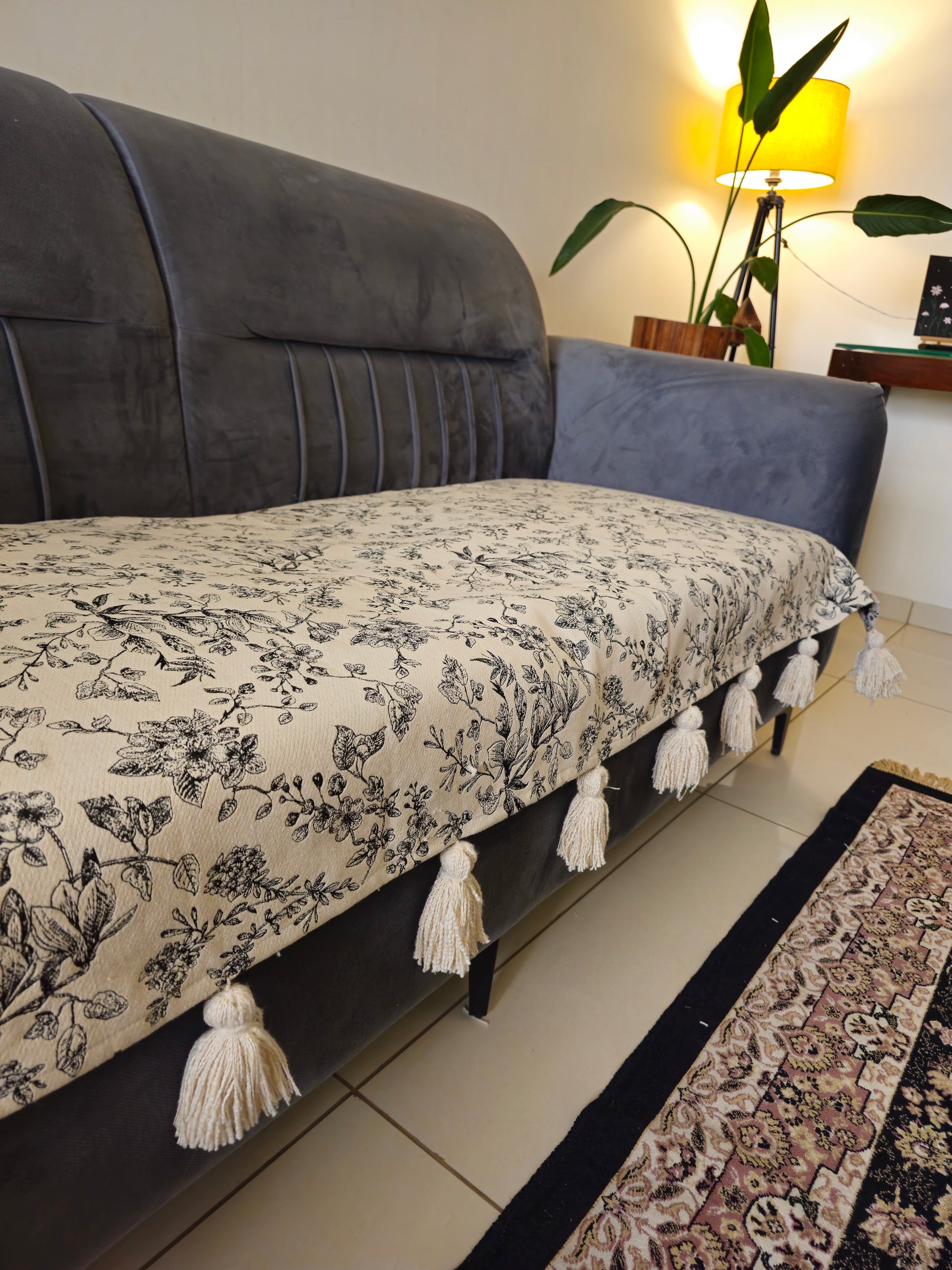boho white sofa cover tassels