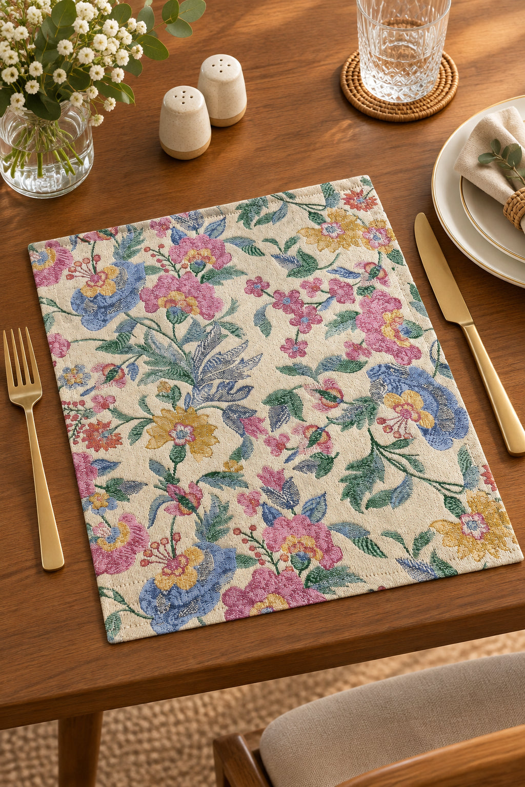 Botanical floral jacquard cotton placemat featuring a woven vintage garden print with pink, yellow, and blue flowers on a neutral base.