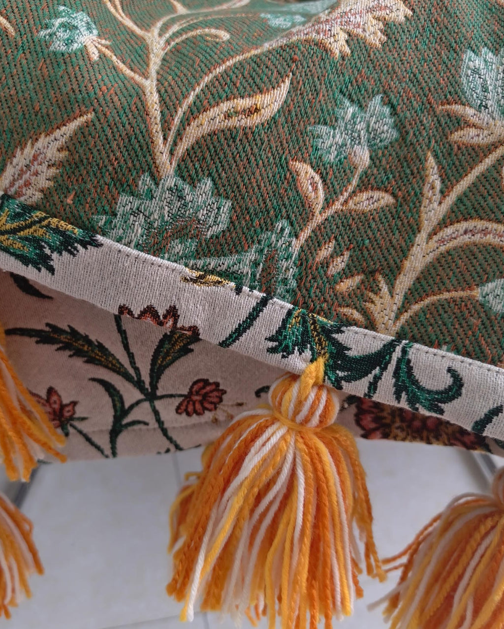 Floral Woven Cotton Sofa Cover & Couch Runner | terracotta orange Off-White with Ochre Tassels
