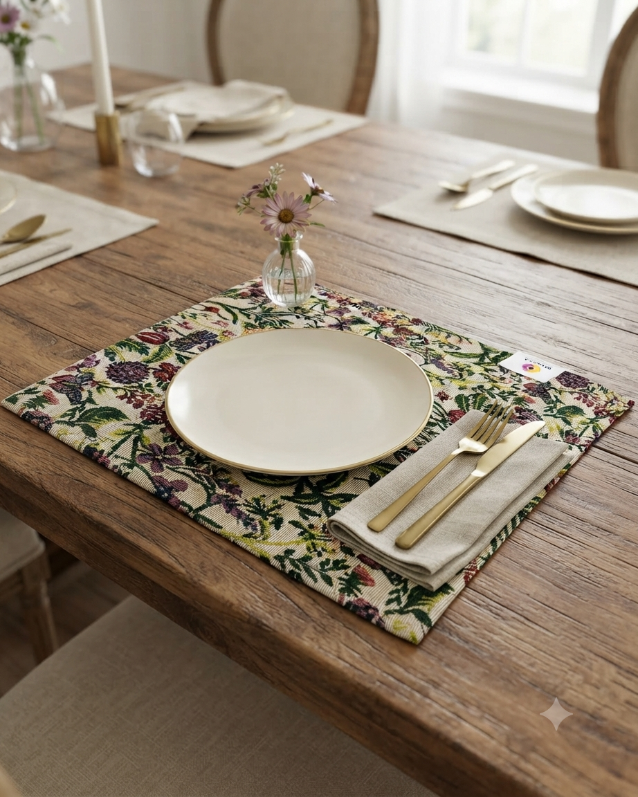 Botanical jacquard cotton placemat featuring a colorful woven floral garden pattern with vibrant blooms and green foliage.