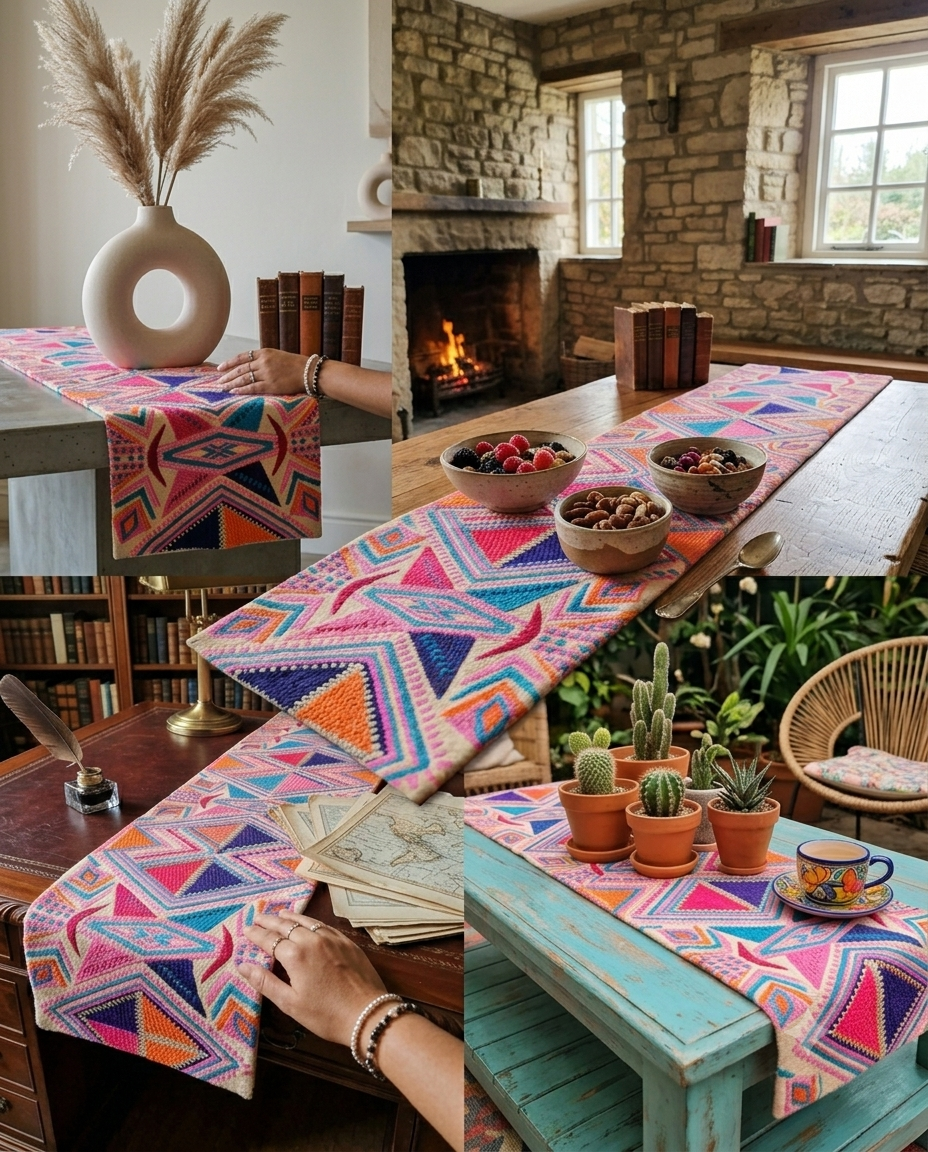 Bright Aztec geometric woven cotton table runner with pink, blue, and orange diamond pattern on a dining table