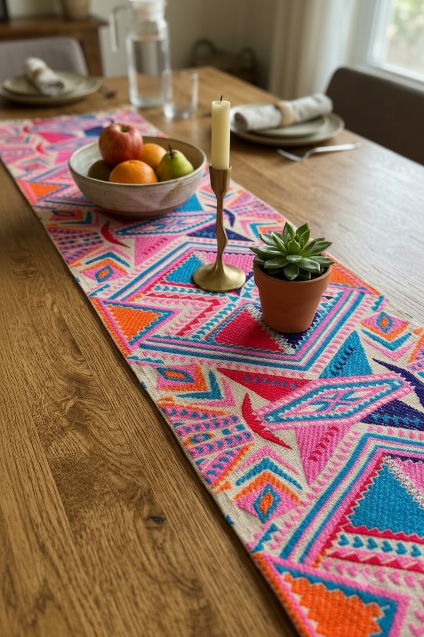 Bright Aztec geometric woven cotton table runner with pink, blue, and orange diamond pattern on a dining table