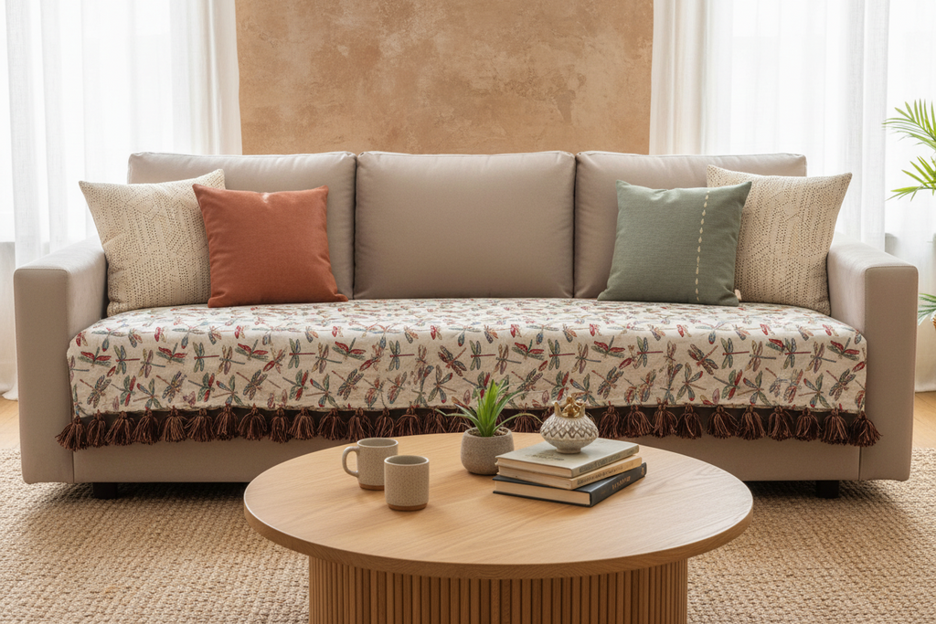 Thick Handloom White Sofa Cover | Multicolour Butterfly Print Throw with Brown Wool Tassels