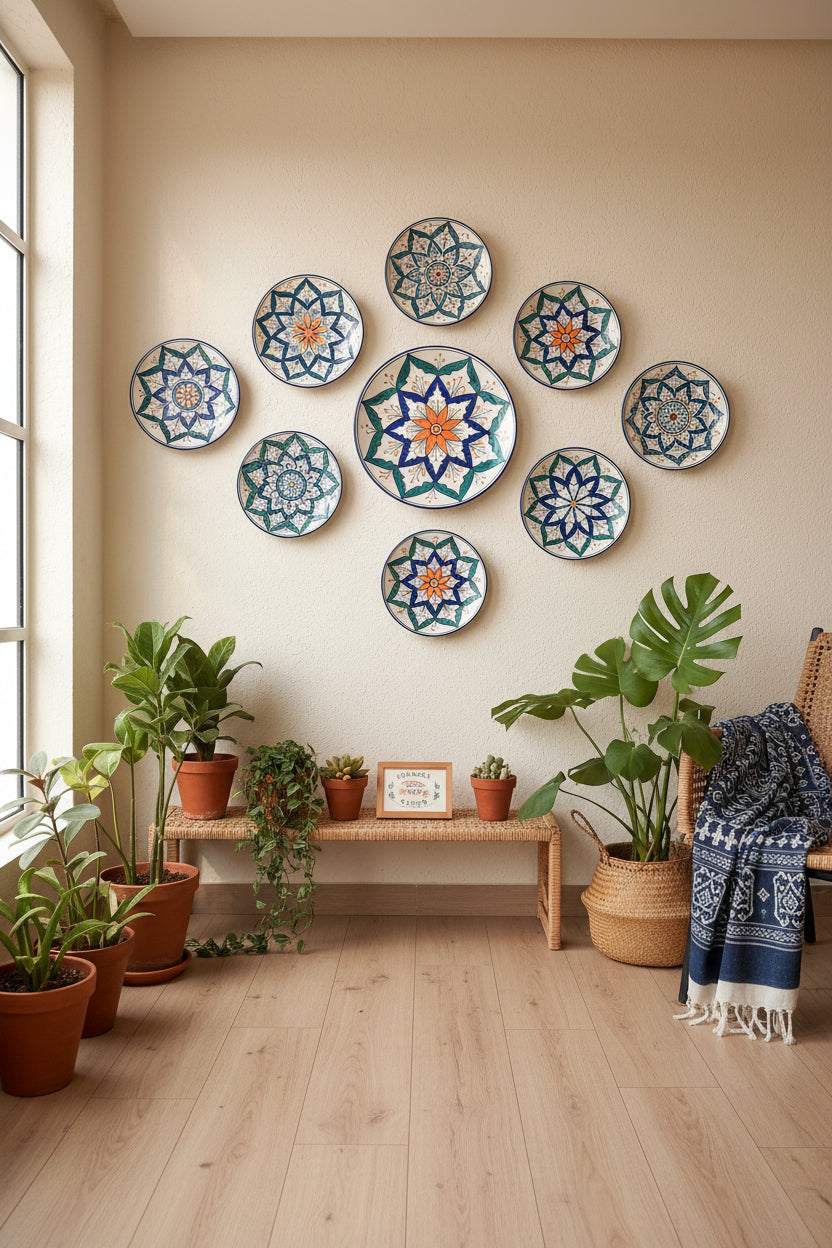 A multicolour ceramic wall plate with a floral pattern, placed on a woven mat background with a part of a flower arrangement visible at the top.