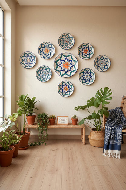A multicolour ceramic wall plate with a floral pattern, placed on a woven mat background with a part of a flower arrangement visible at the top.