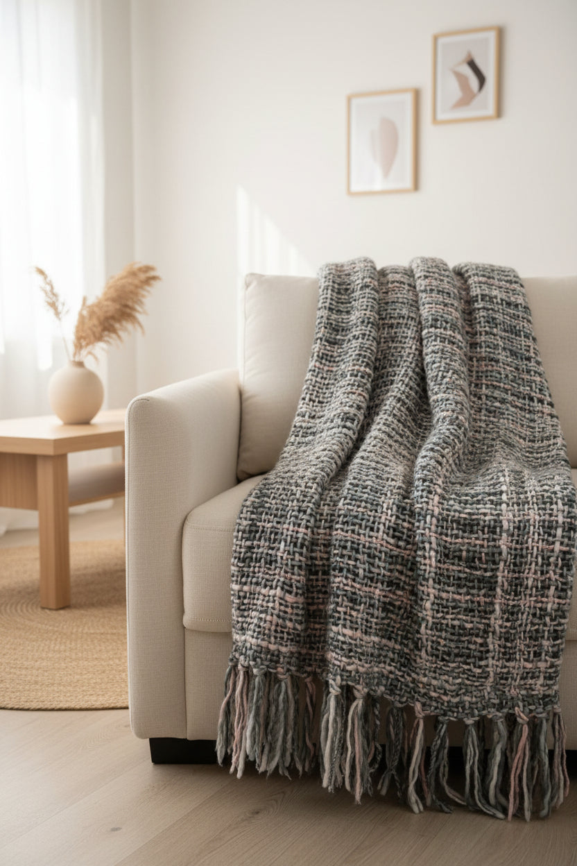 Charcoal grey and blush pink handwoven chunky woolen sofa throw blanket featuring a textured tweed weave and twisted fringe tassels.
