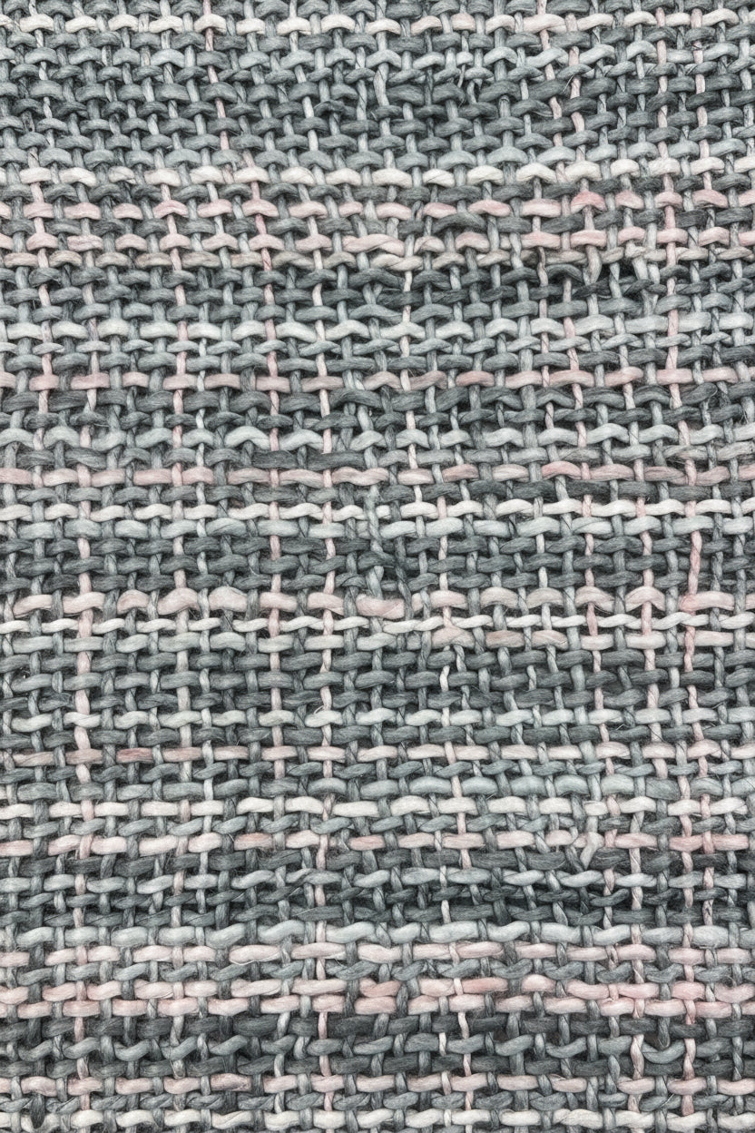 Charcoal grey and blush pink handwoven chunky woolen sofa throw blanket featuring a textured tweed weave and twisted fringe tassels.