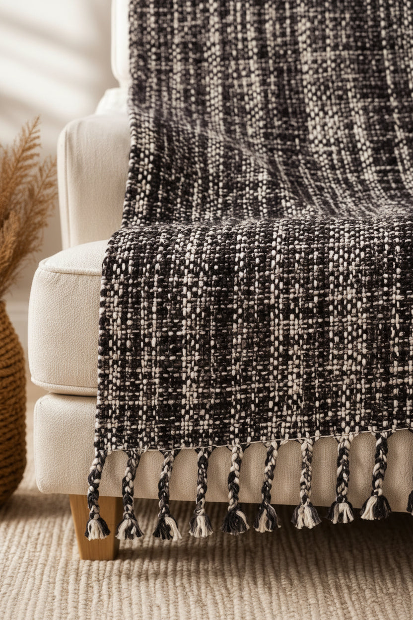 Charcoal black and cream handwoven woolen sofa throw blanket featuring a textured tweed grid pattern and braided fringe tassels draped over a beige couch.