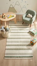 Coastal Wave Chevron Pure Cotton Rug with olive green and sage blue-green zigzag stripes on off-white handwoven cotton flatweave
