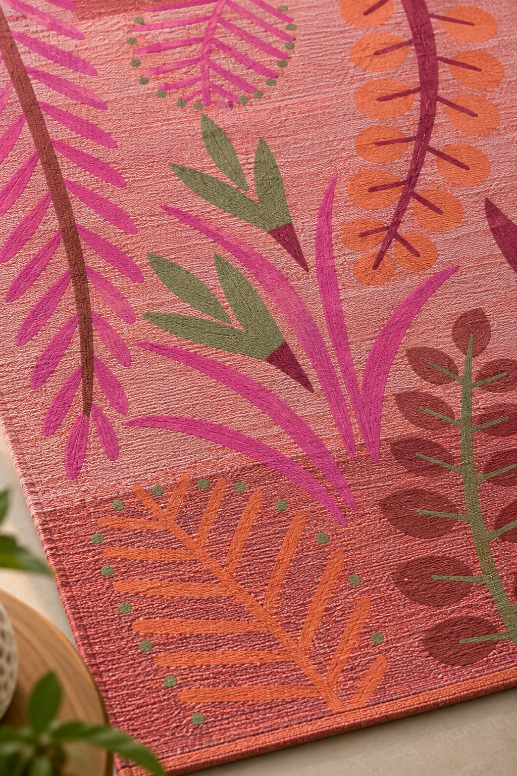 Close-up of a coral botanical handwoven cotton tufted rug featuring rich textured tropical leaf and foliage patterns in green, orange, and pink.