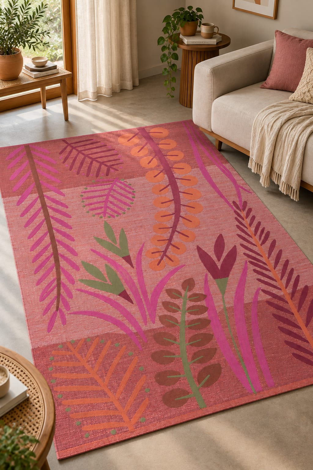 Close-up of a coral botanical handwoven cotton tufted rug featuring rich textured tropical leaf and foliage patterns in green, orange, and pink.