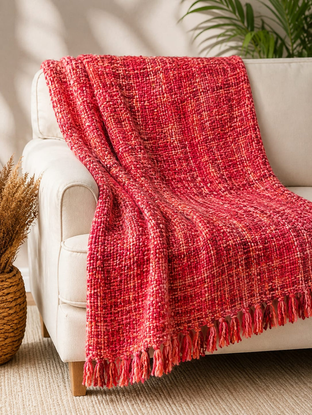 Crimson red and coral pink handwoven chunky woolen sofa throw blanket featuring a textured tweed basketweave and twisted fringe draped over a cream sofa.