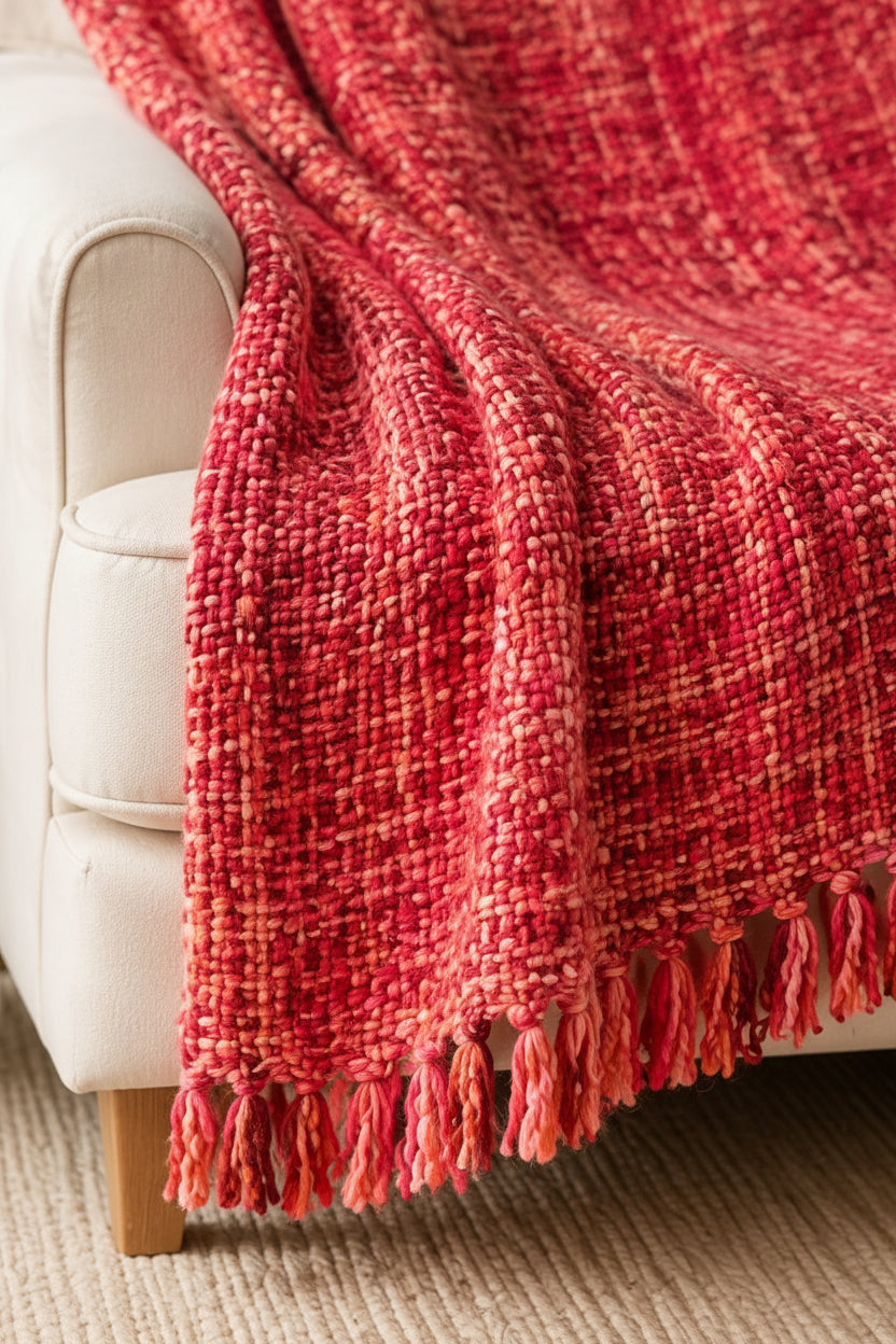 Crimson red and coral pink handwoven chunky woolen sofa throw blanket featuring a textured tweed basketweave and twisted fringe draped over a cream sofa.