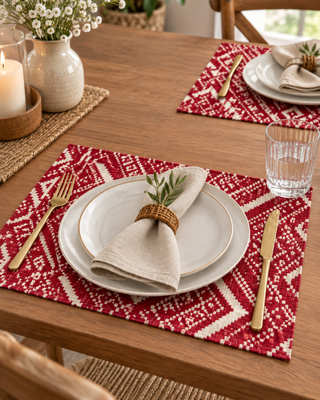 Crimson red and cream geometric jacquard cotton placemat featuring an intricate woven Aztec and diamond pattern.