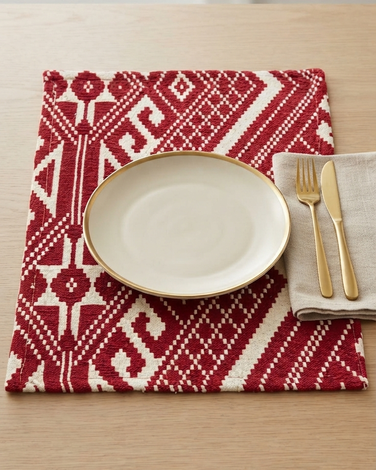 Crimson red and cream geometric jacquard cotton placemat featuring an intricate woven Aztec and diamond pattern.