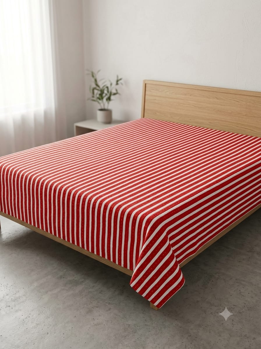 Pure cotton bedcover featuring crimson red and white stripes with delicate white Kantha hand-stitching.