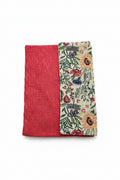 Crimson Red & Floral Tapestry Jute Cotton Laptop Sleeve featuring a red woven body and a cream panel with dragonfly and wildflower tapestry motifs