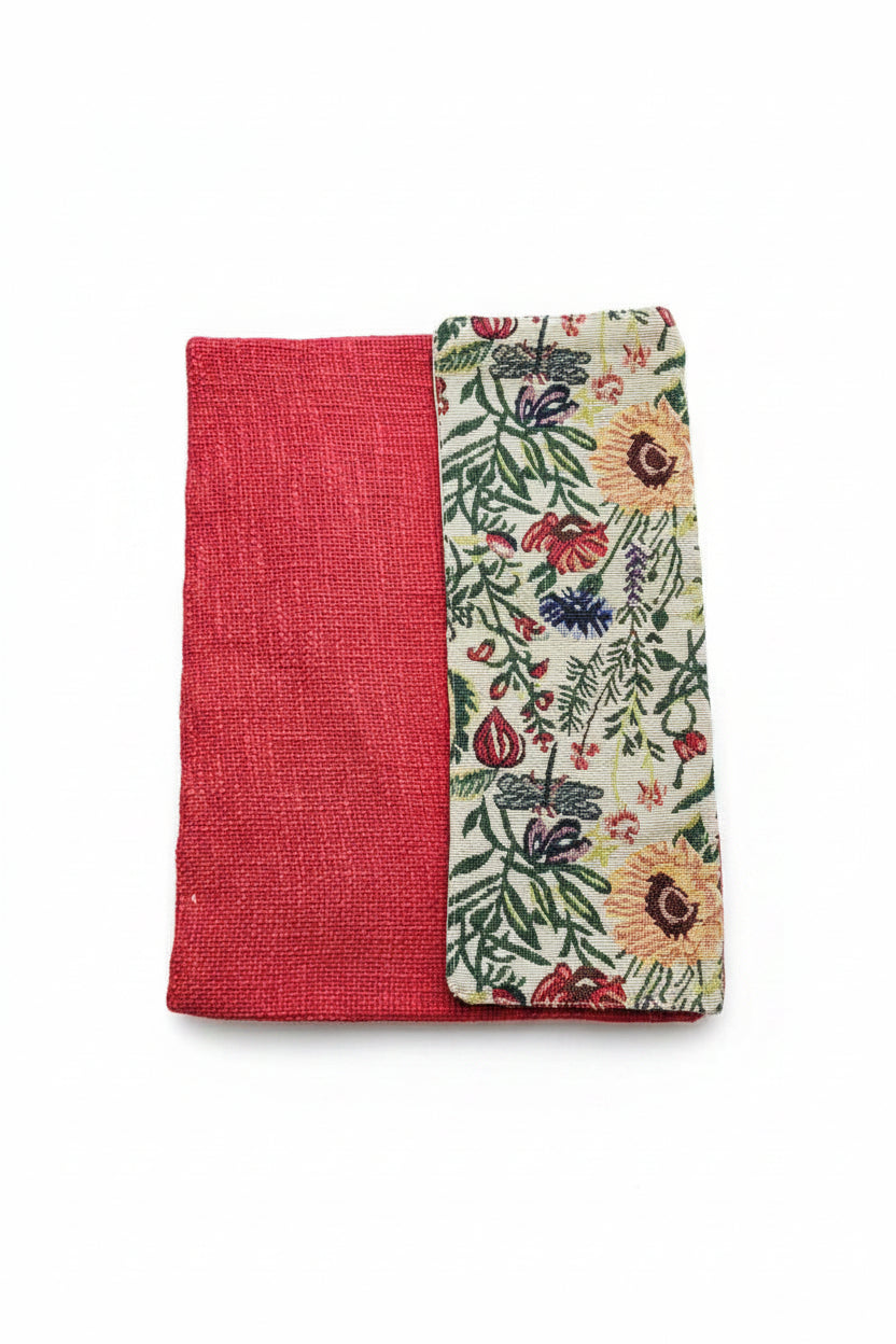 Crimson Red & Floral Tapestry Jute Cotton Laptop Sleeve featuring a red woven body and a cream panel with dragonfly and wildflower tapestry motifs
