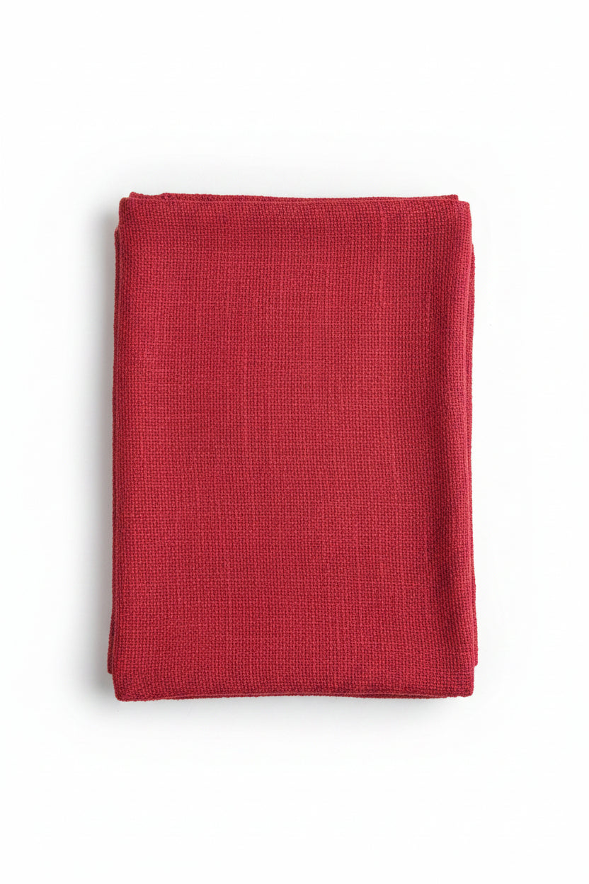 Crimson Red & Floral Tapestry Jute Cotton Laptop Sleeve featuring a red woven body and a cream panel with dragonfly and wildflower tapestry motifs