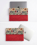 A fabric laptop sleeve shown in two views on a white background, each holding a laptop. The sleeve has a red textured lower section and a floral-patterned top band with sunflowers and green leaves on a cream background.