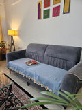 Gray sofa with floral trim in a room with colorful wall art and a plant.