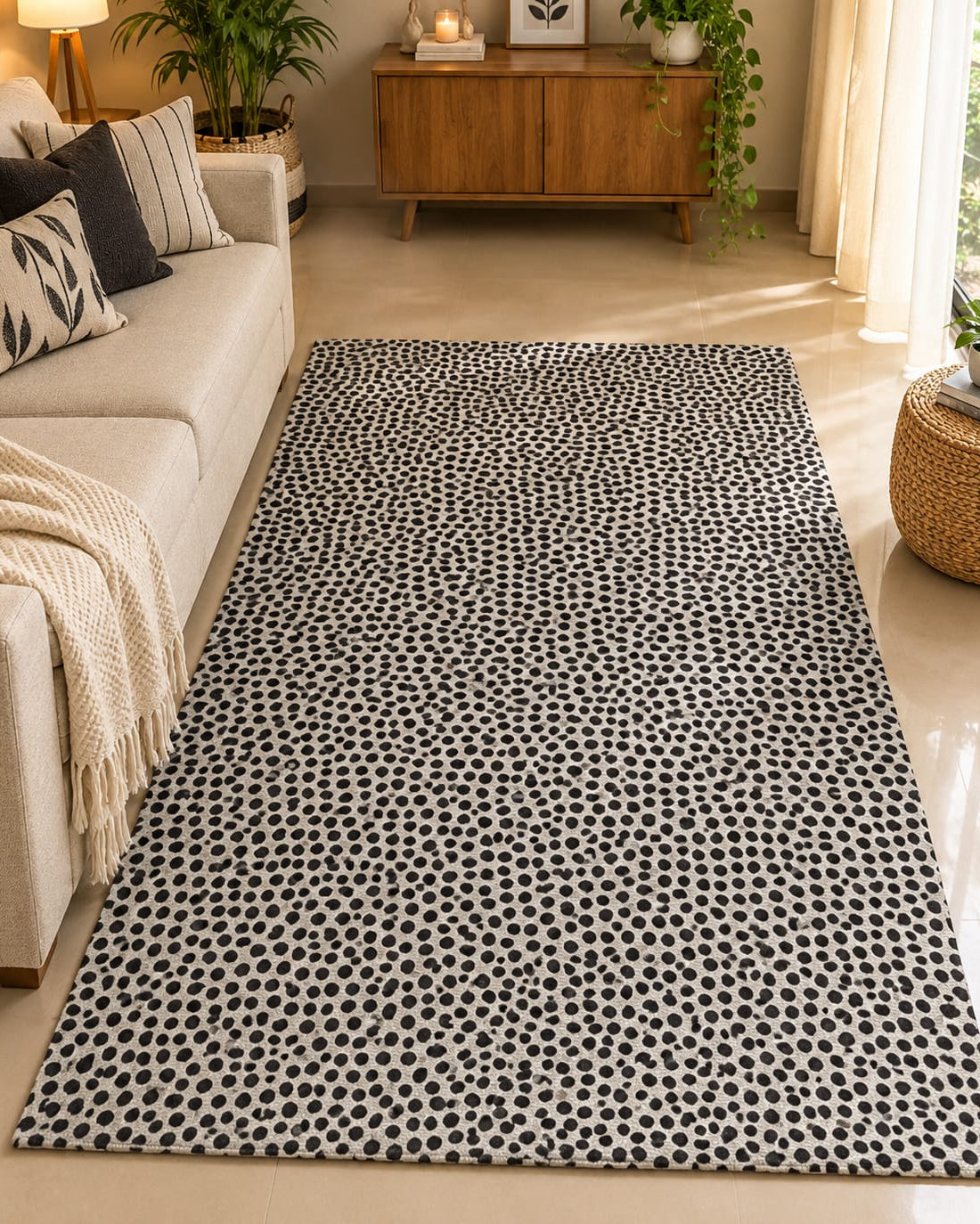 Off-white cotton area rug with an all-over charcoal black polka dot pattern styled in a warm, modern living room setup.