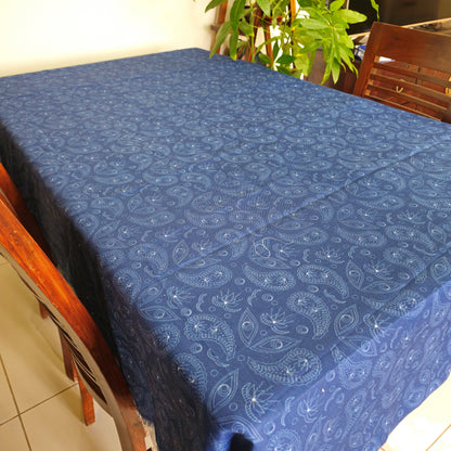 Dark Blue Linen Paisley Print Table Cover