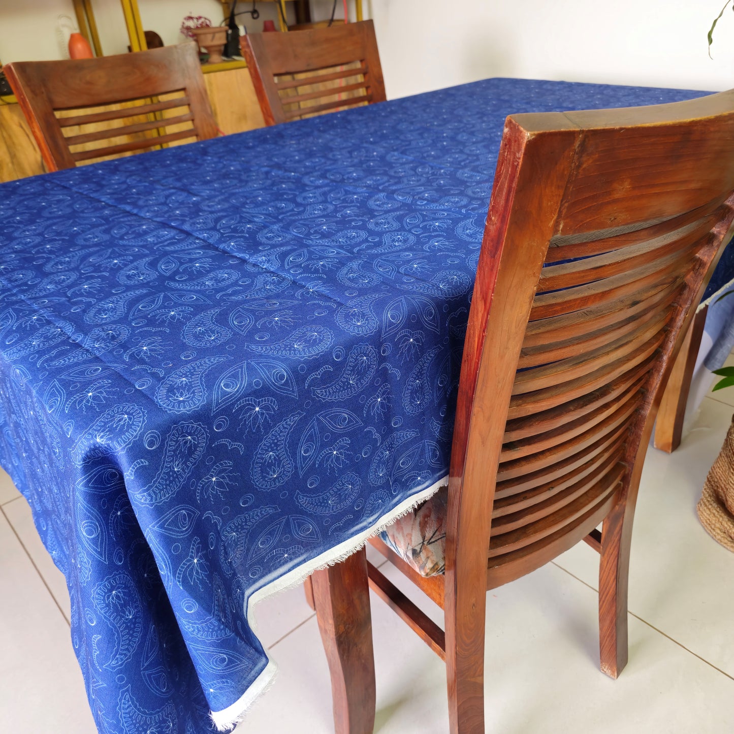 Dark Blue Linen Paisley Print Table Cover