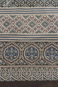 Deep blue and brown cotton bed sheet featuring a traditional block-printed geometric pattern and ornate floral border details.