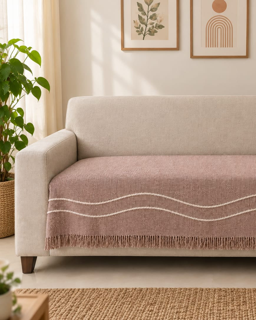 Dusty rose handwoven cotton wool sofa throw cover with off-white wavy rope lines and fringe hem draped over a cream sofa.