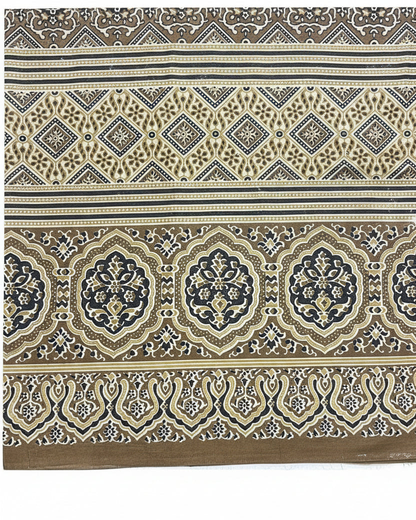 Earth brown and gold cotton bed sheet featuring a traditional block-printed geometric pattern and ornate medallion border details.