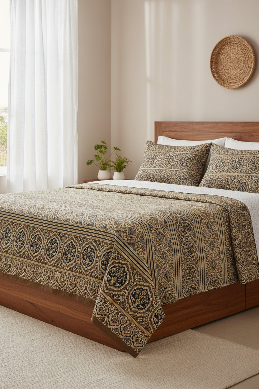 Earth brown and gold cotton bed sheet featuring a traditional block-printed geometric pattern and ornate medallion border details.