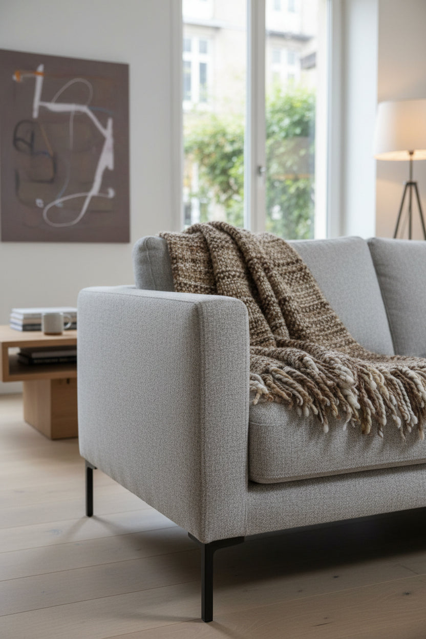 Close-up shot of an earthy chestnut brown and cream handwoven chunky woolen sofa throw featuring a textured tweed weave and thick twisted fringe tassels.
