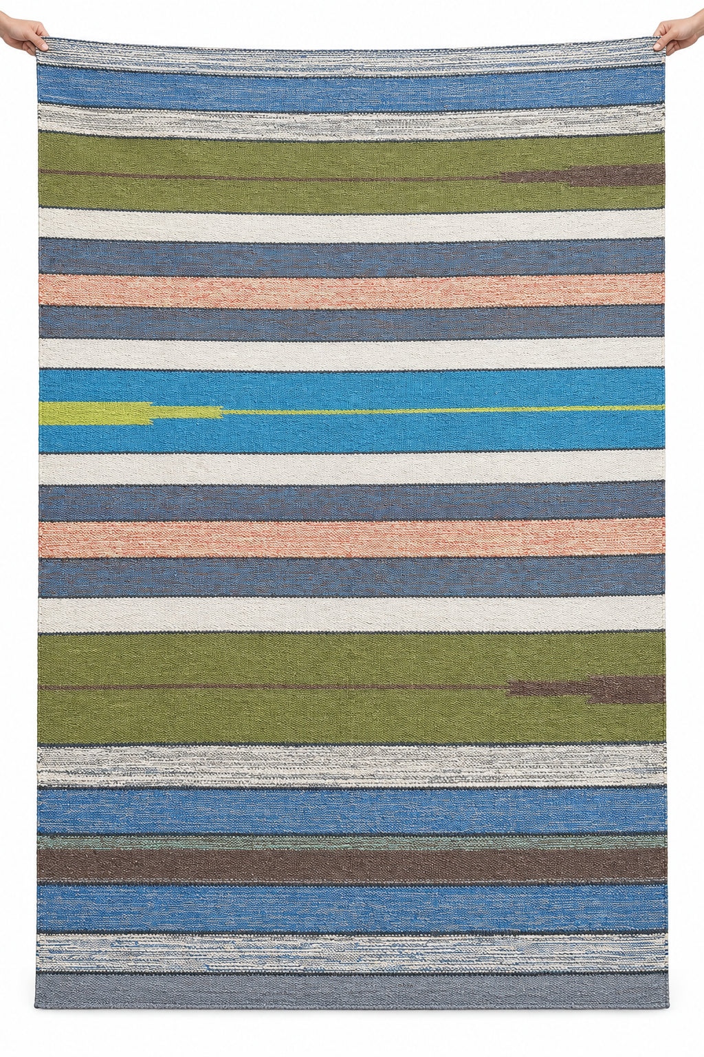 Handcrafted flatweave cotton area rug featuring horizontal multi-color stripes in earthy green, blue, peach, and brown tones.