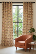 Earthy Botanical Leaf Print Curtain | 100% Pure Cotton | Yellow, Green & Brown Hand-Printed Leaf Art | Semi-Sheer & Breathable
