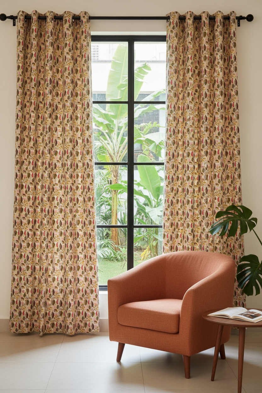 Earthy Botanical Leaf Print Curtain | 100% Pure Cotton | Yellow, Green & Brown Hand-Printed Leaf Art | Semi-Sheer & Breathable