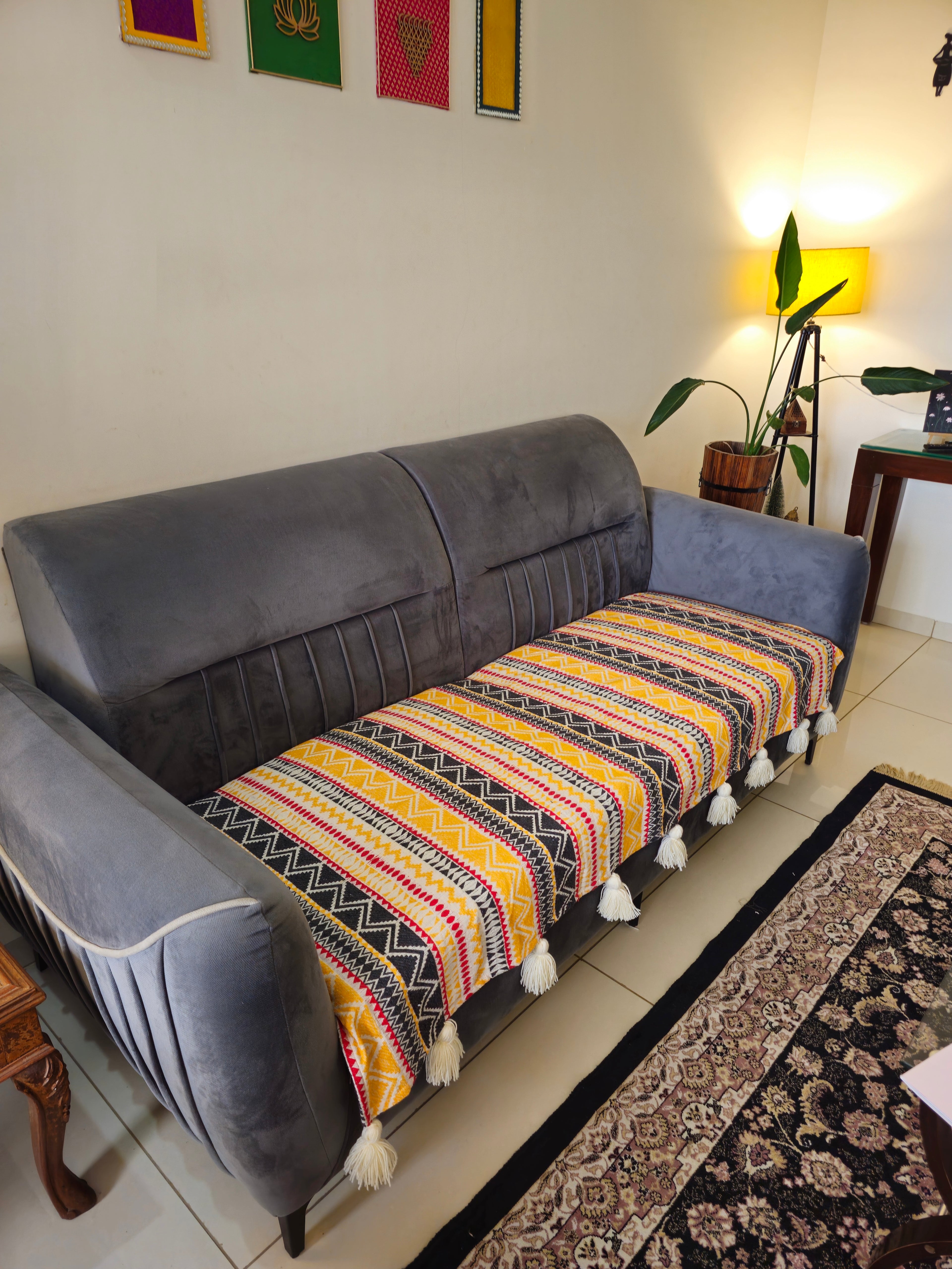 eco-friendly yellow sofa throw tassels